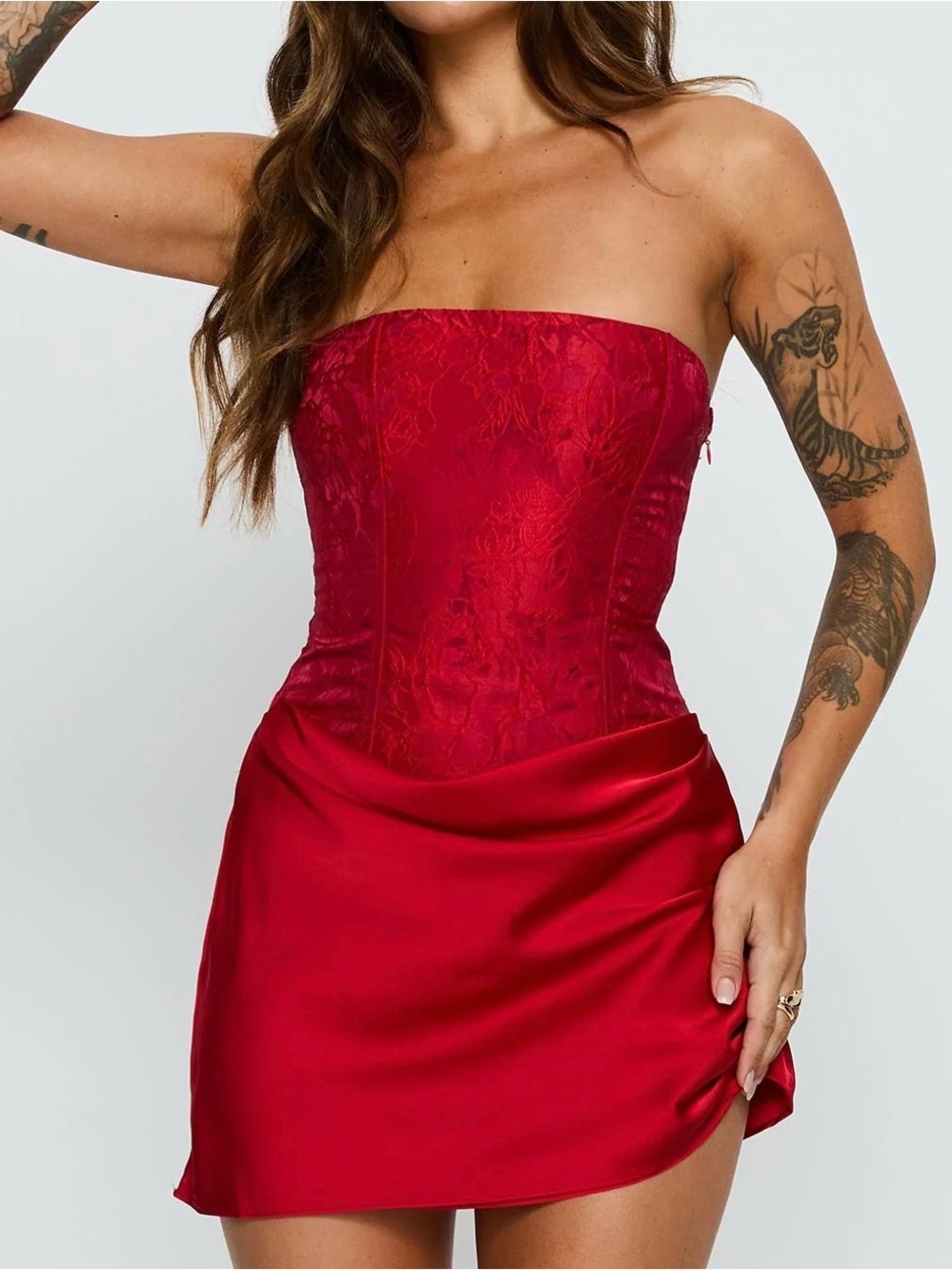 Red Strapless Satin Corset Dress